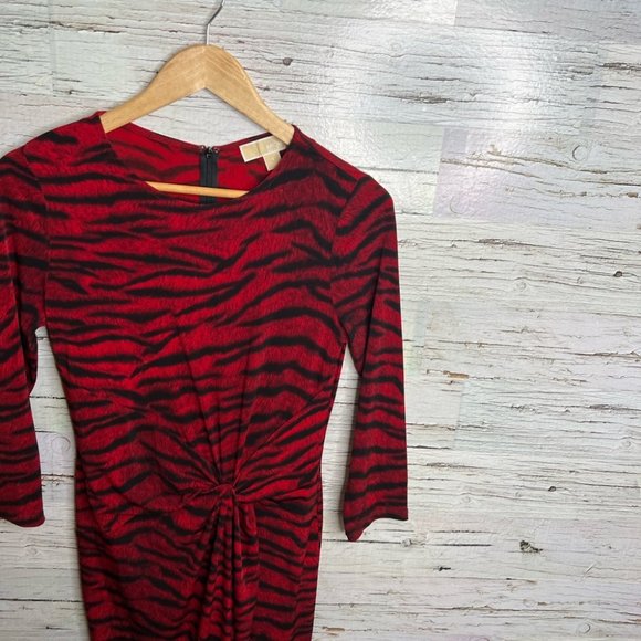 Michael Kors red black dress midi long sleeve tiger print - Picture 4 of 8